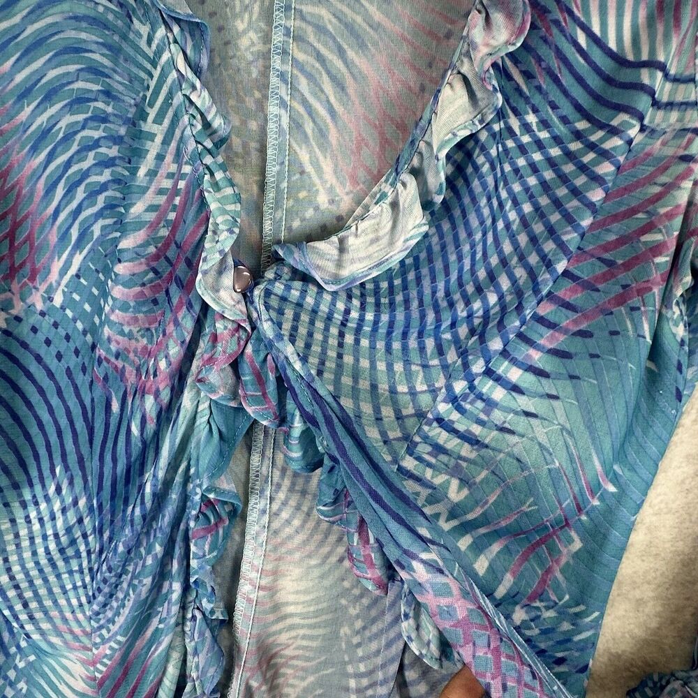 Blue Abstract Mesh Disco Top Size XS Crop Button Front Long Ruffle Flare Sleeve - Picture 4 of 10